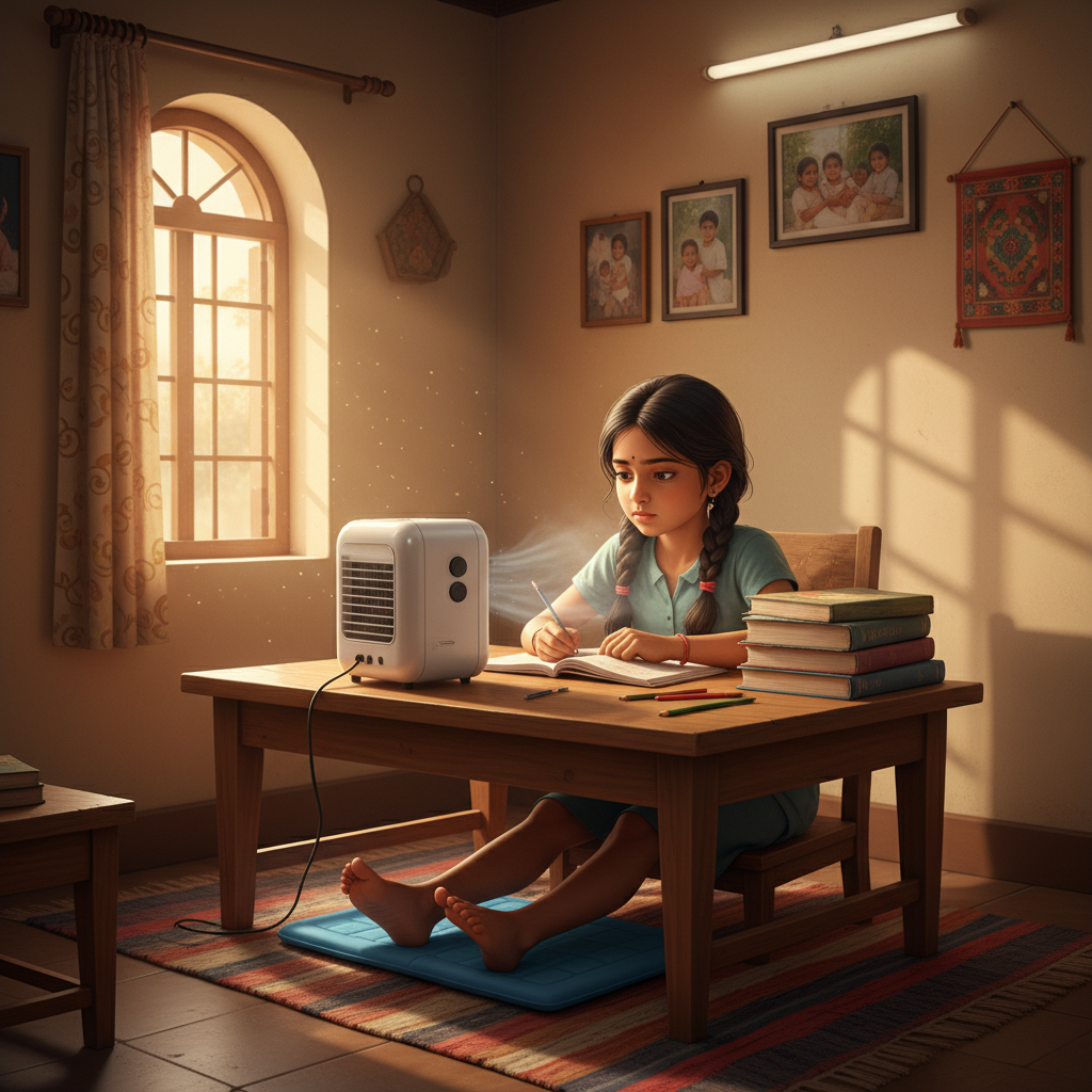 Young girl studying at a simple wooden table with a compact desk cooler, feet on a cooling surface beneath, afternoon light through window