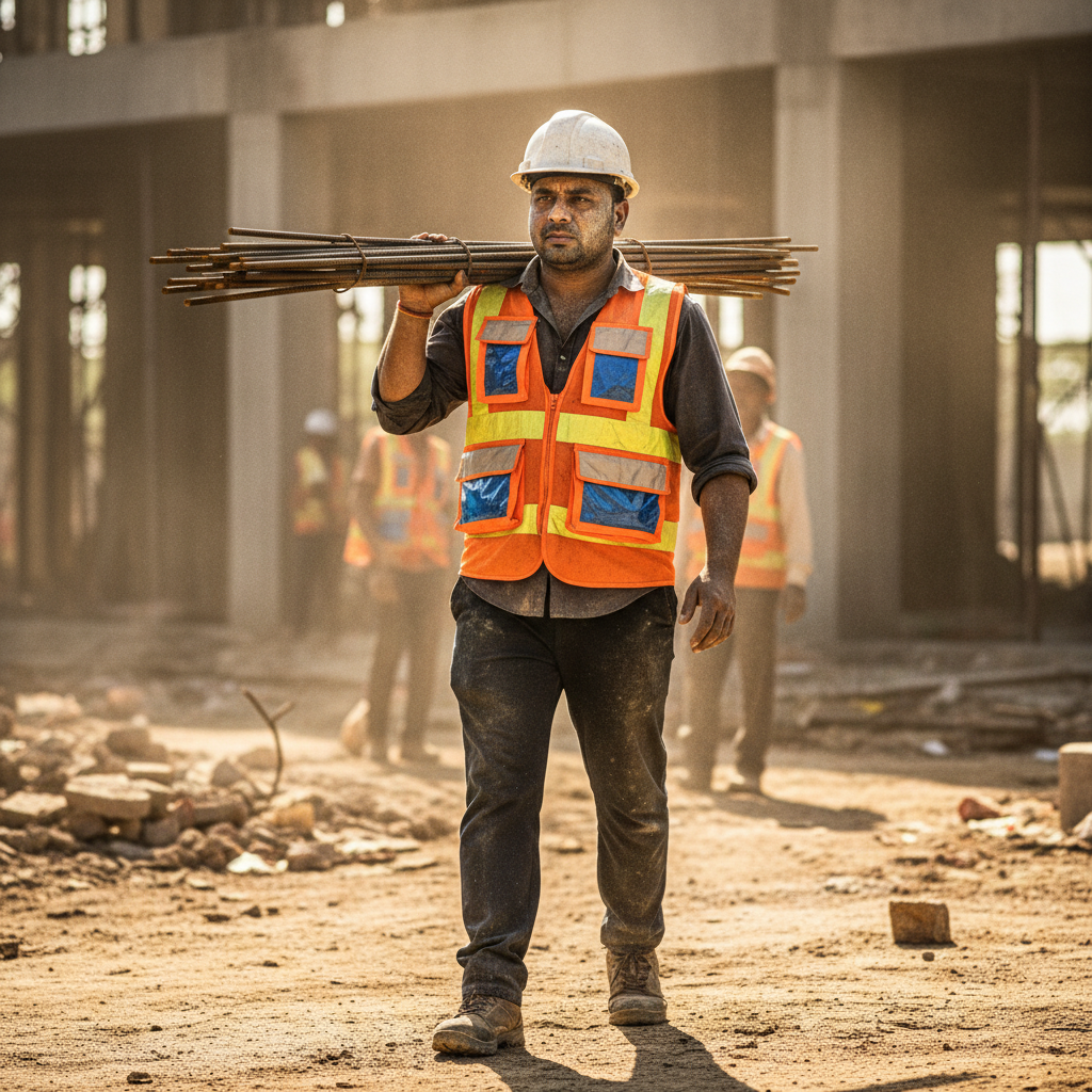 Construction worker wearing reflective workwear over a PCM cooling vest, midday sun, dusty construction site