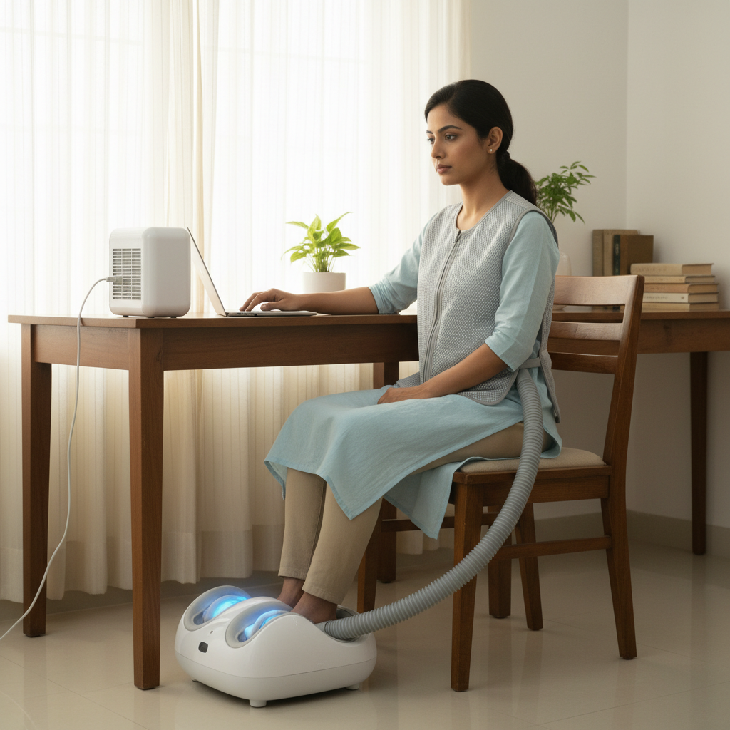 Person working at a laptop in a modest Indian home wearing a mesh cooling vest, feet in a cooling box under the desk