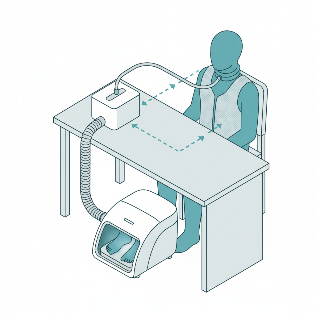 Isometric view of the desk cooling stack — compact unit on desk with three outputs: vest, foot box, and neck band