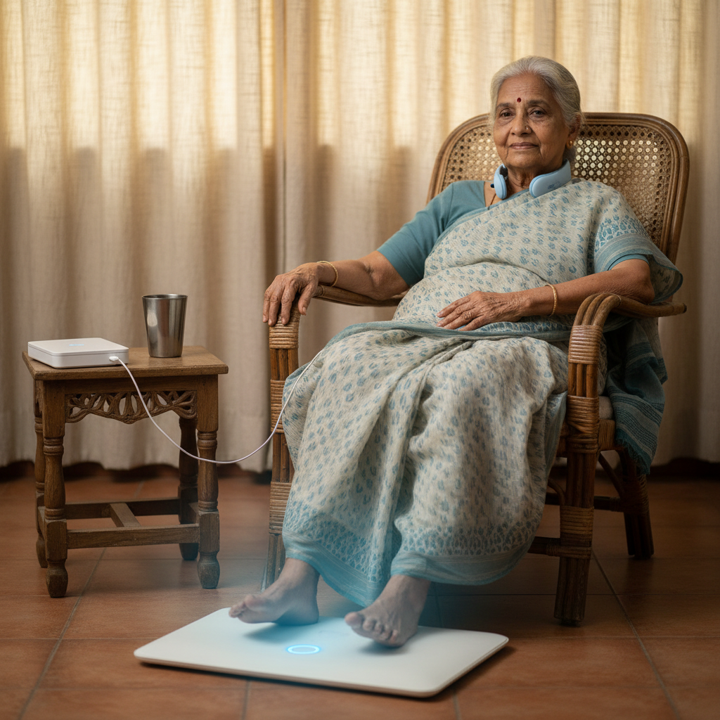 Elderly Indian woman seated in a cane chair, bare feet on a thin cooling mat, lightweight neck band visible, small unit on side table