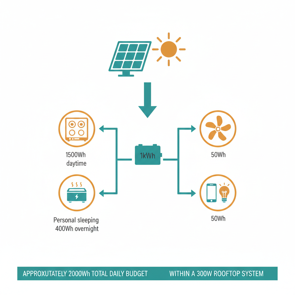 Energy sovereignty stack — rooftop solar to battery to four household endpoints: induction cooktop, sleeping cooler, fan, phone and LED