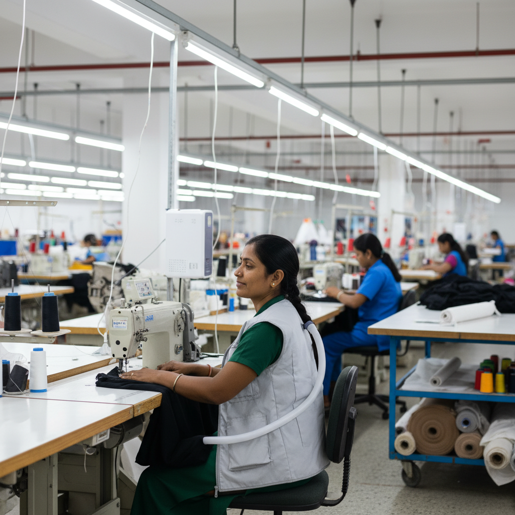 Textile factory worker at a sewing station wearing a vest connected to a wall-mounted cooling unit, subtle cool blue zone around her