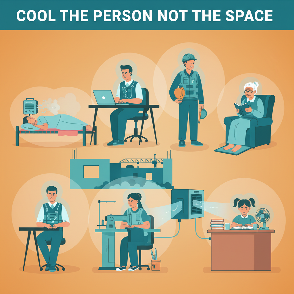 Six human silhouettes in different daily contexts, each with a personal cooling system — Cool the person. Not the space.