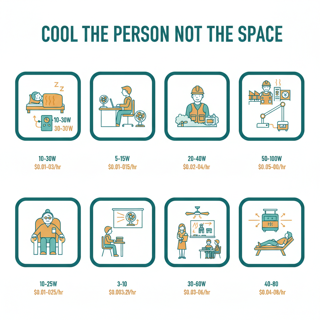 Solution matrix poster — eight contexts with cooling approaches, power draws, and costs