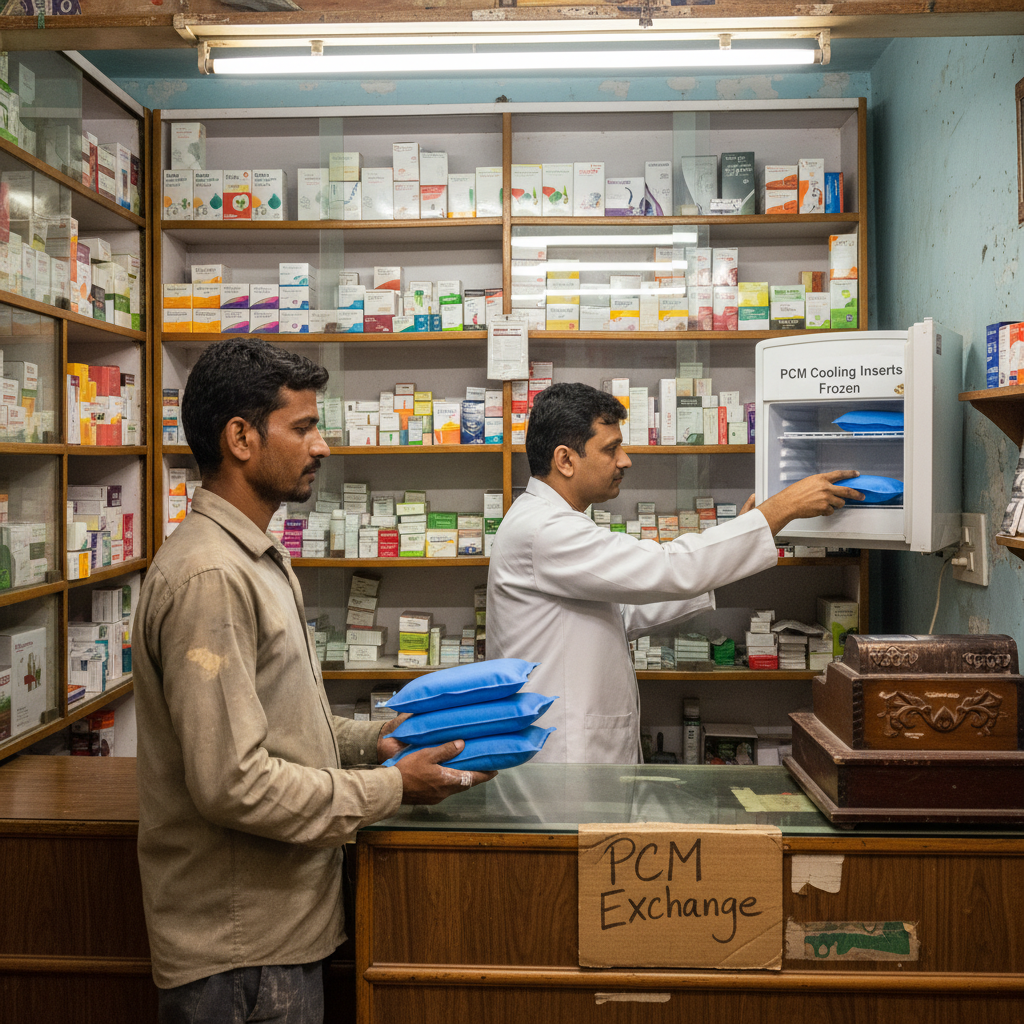 Construction worker at a pharmacy counter exchanging PCM inserts, pharmacist retrieving frozen replacements from refrigerator