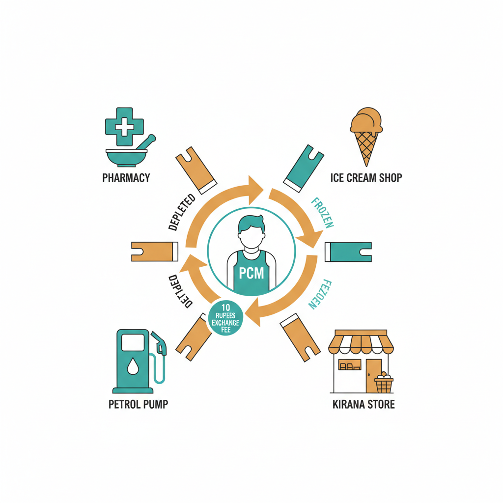 Neighbourhood PCM exchange network map showing pharmacy, ice cream shop, petrol pump, and kirana store connected to a worker with PCM vest