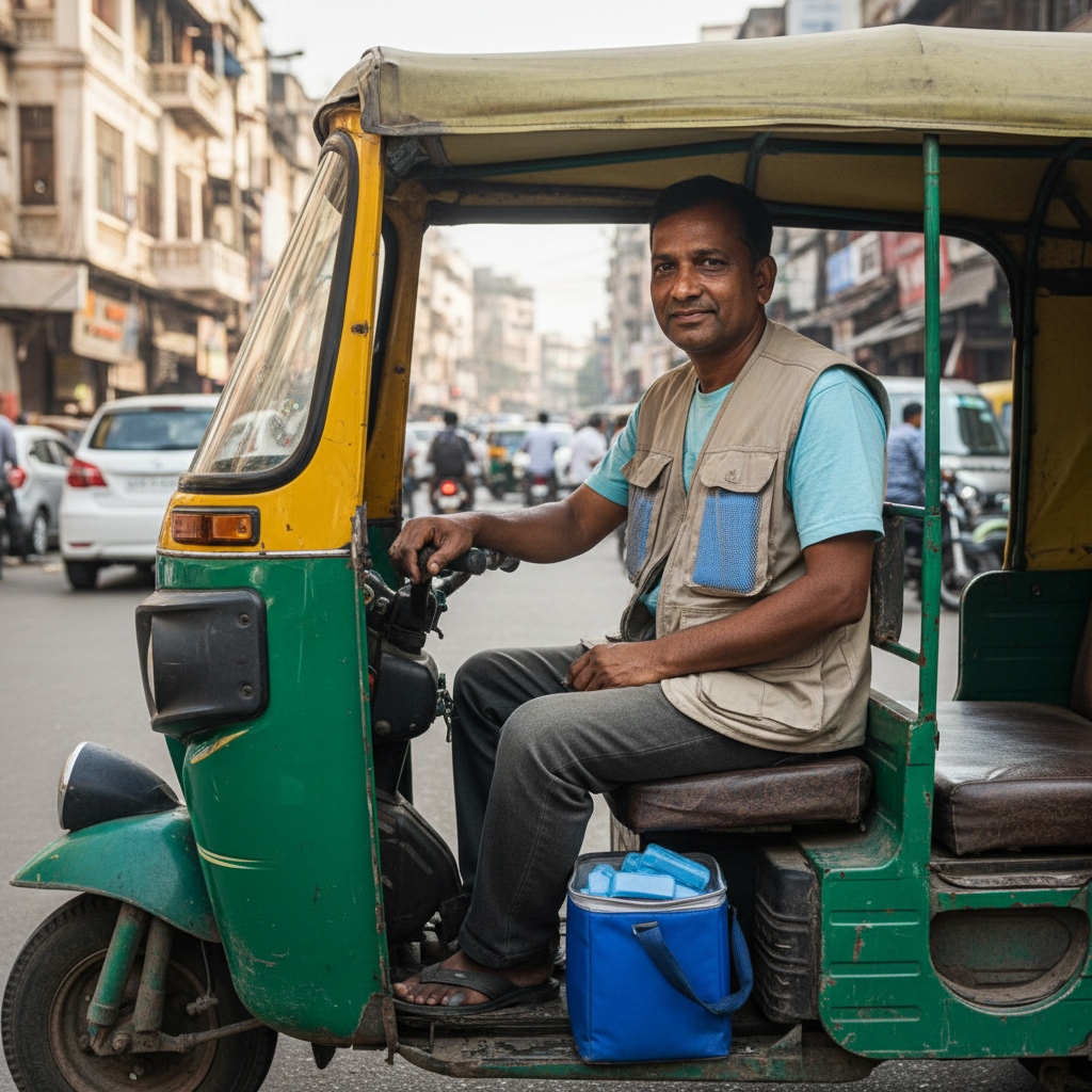 Auto-rickshaw driver wearing a lightweight PCM vest, frozen insert packs visible under the seat