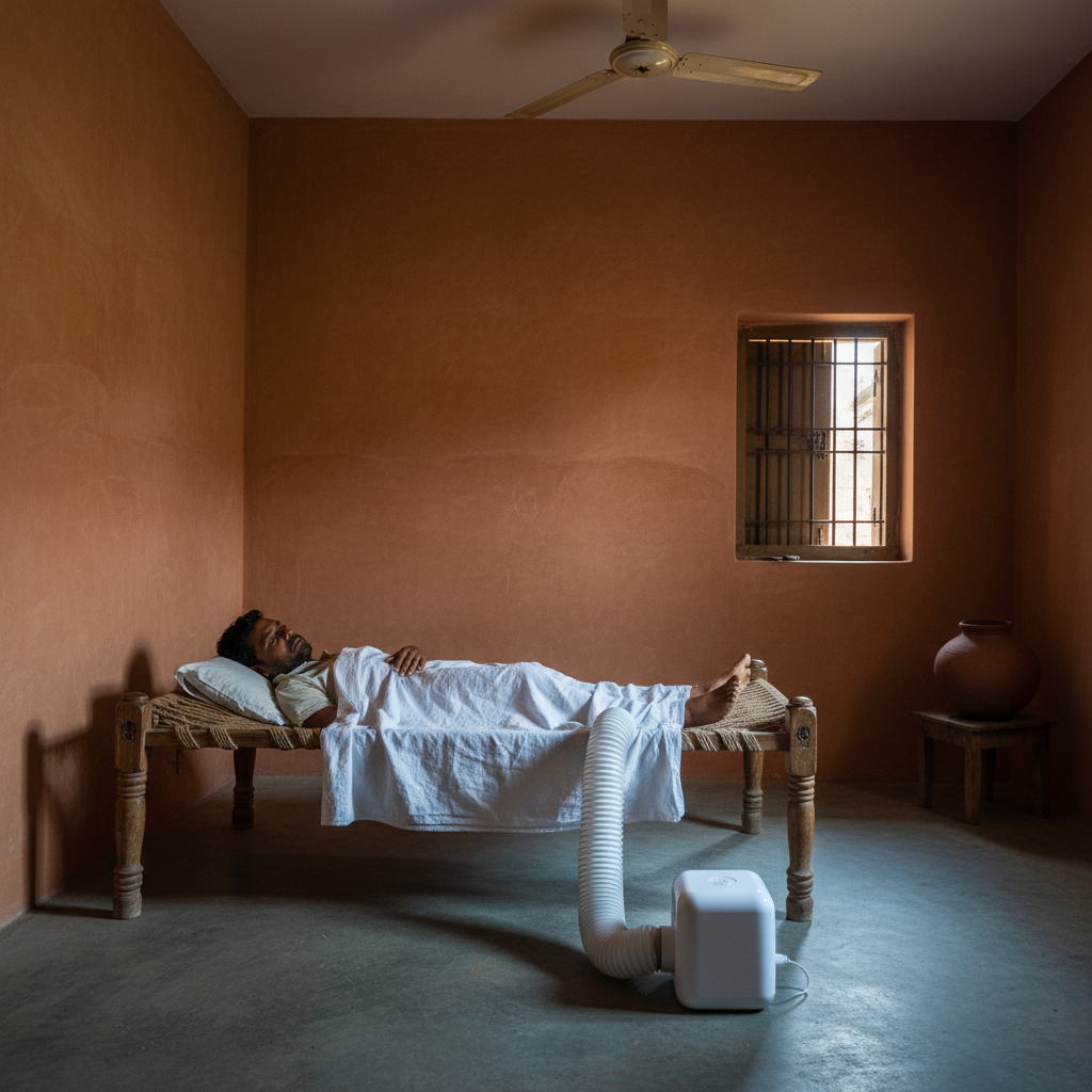 Person sleeping on a charpoy in a modest Indian room with the under-blanket cooling system, moonlight through window, compact white unit on floor