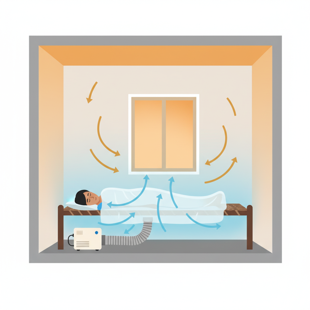 Cross-section of a simple room at night showing the under-blanket cooling system — cool air from a compact bedside unit flows beneath the blanket, warm air exits at the head