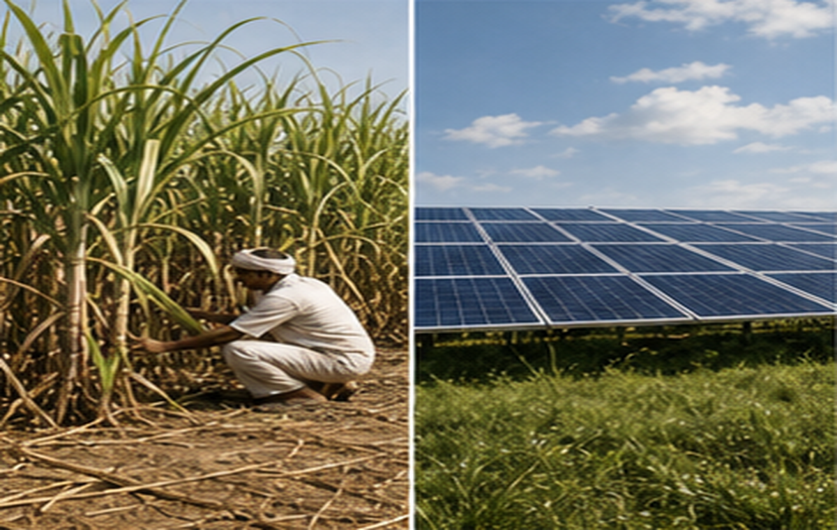 The same acre split between sugarcane and solar panels, showing the land-use trade.