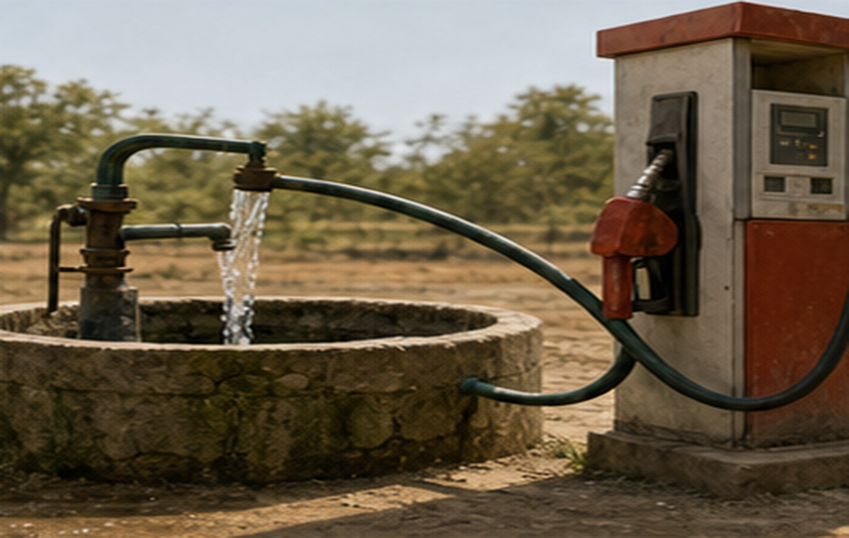A groundwater well and petrol pump connected by hoses, making the hidden water bill visible.