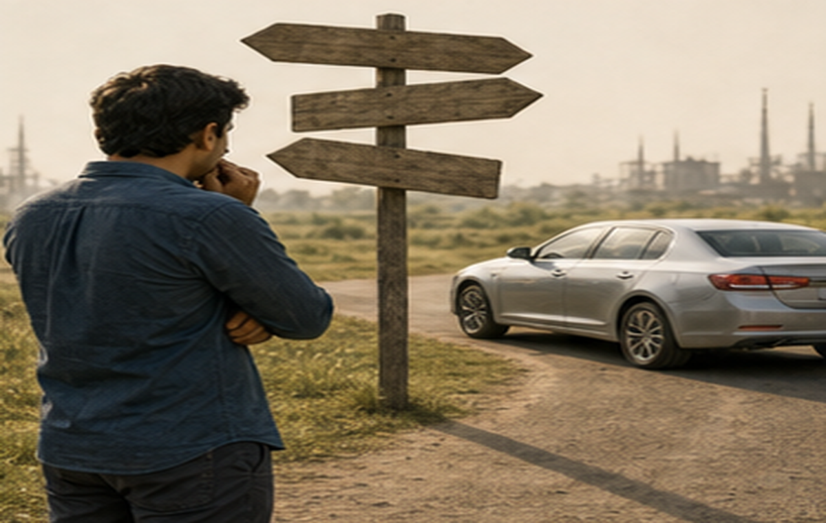 A car buyer standing at a fork in the road with uncertain fuel signs, representing E100 policy risk.