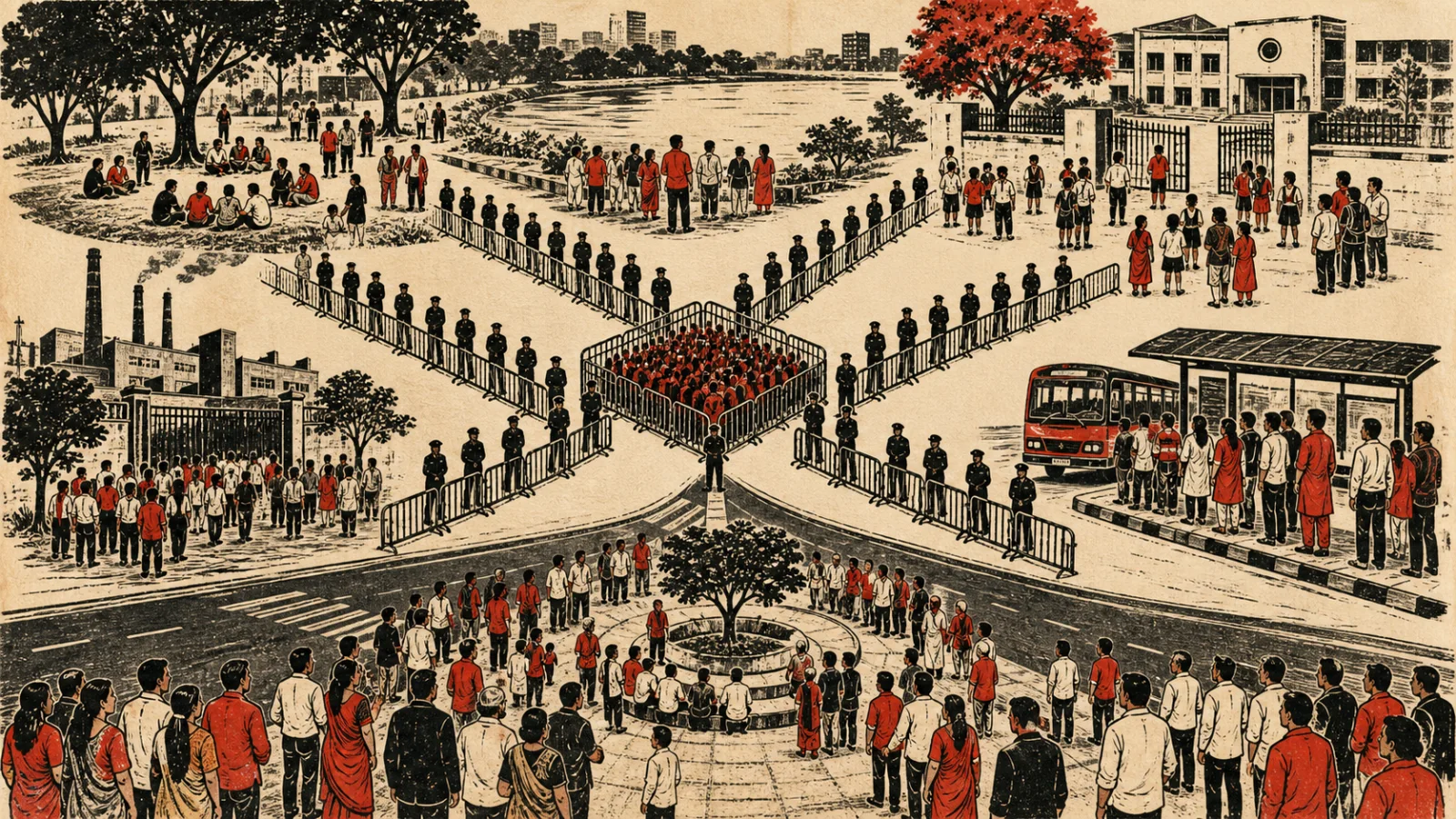 Small peaceful assemblies across an Indian city being funnelled by barricades toward one cramped central enclosure
