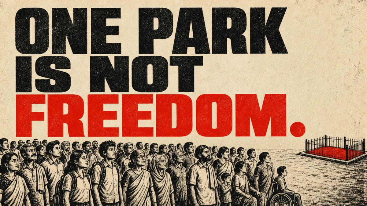 One Park Is Not Freedom poster showing a diverse crowd outside a small fenced enclosure