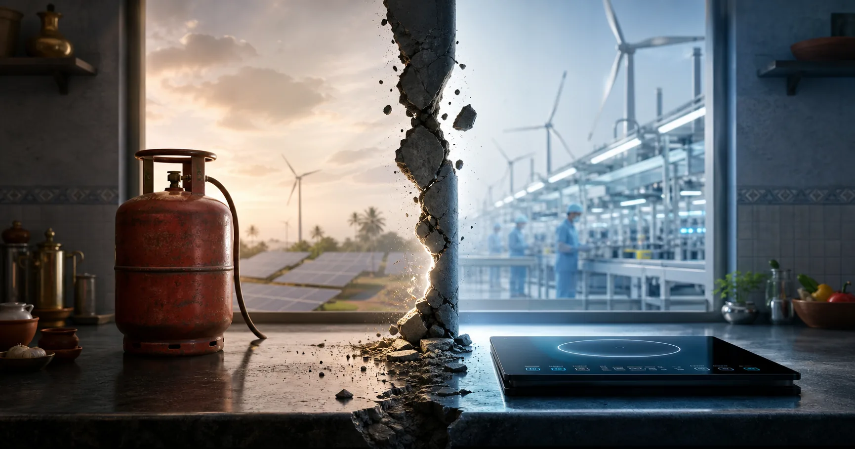 A kitchen counter split down the middle: on the left, an old red LPG cylinder against a smoky hearth; on the right, a sleek induction cooktop with wind turbines and a solar farm visible through the window.
