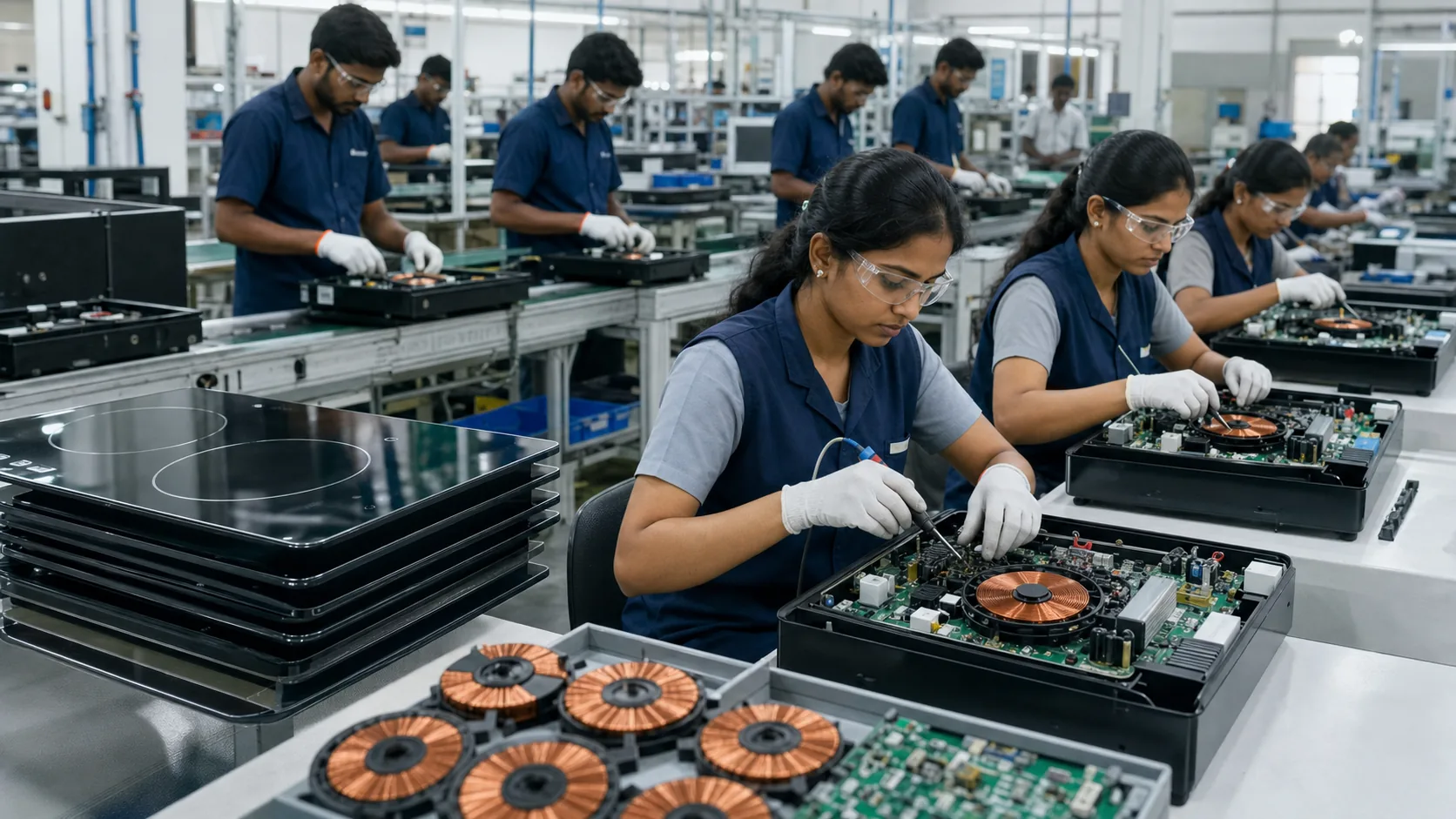 A bright modern factory floor in Tamil Nadu, with young men and women in blue uniforms assembling induction cooktops on a line — visible coils, glass tops, and circuit boards.