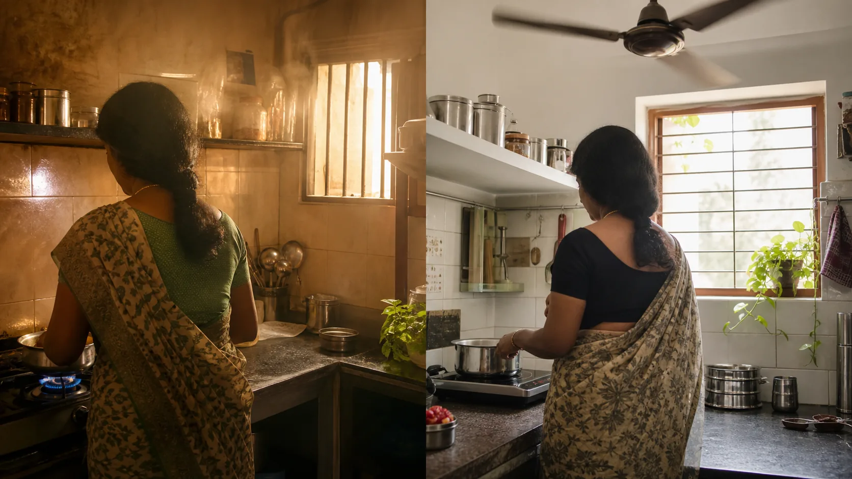 Side-by-side: a Tamil woman in a saree cooking in a smoky, dim, closed gas kitchen on the left; the same kitchen on the right with bright daylight, an open window, an induction cooktop, and a ceiling fan running.