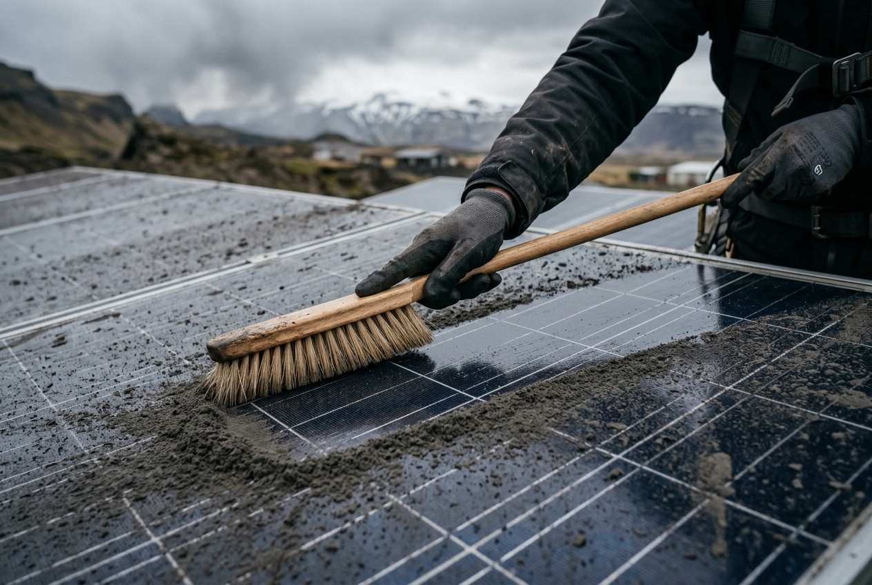 Close-up of solar panels partially covered in grey ash, a gloved hand brushing ash off one panel.