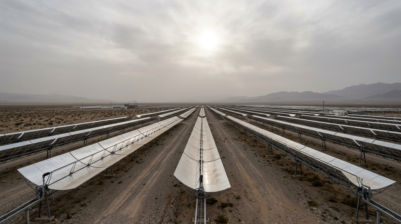 A parabolic-trough concentrating solar power plant under a milky hazed sky, mirrors tracking the sun.