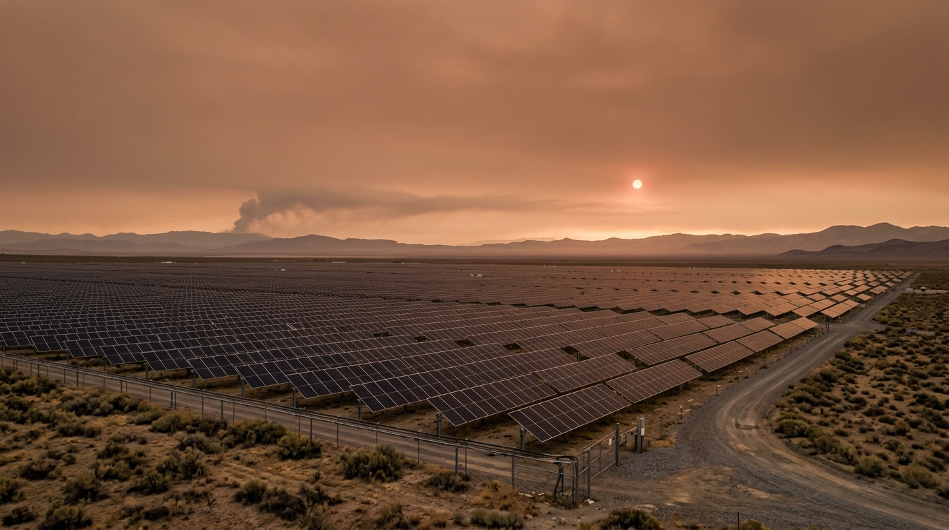 A utility-scale solar field under a pale, sulfate-hazed sky after a major volcanic eruption, the sun a muted disk and a thin plume on the horizon.