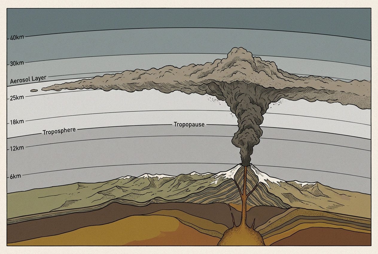 Editorial cross-section showing an eruption column reaching the stratospheric aerosol layer at ~25 km altitude, with troposphere and tropopause labelled.
