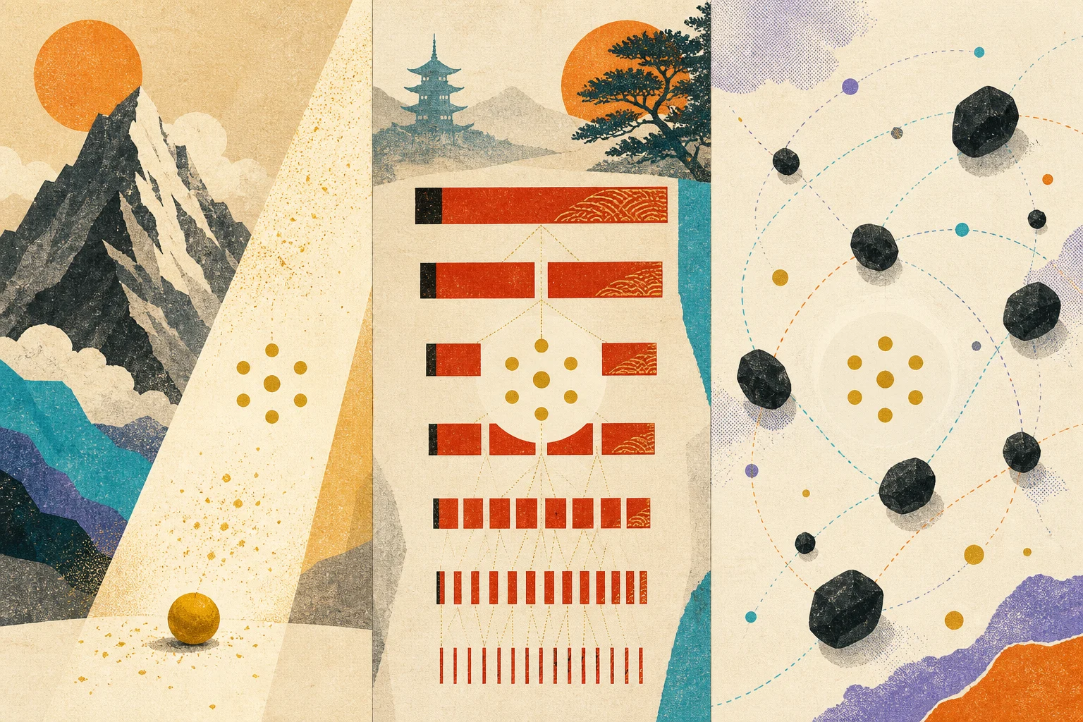 A mountain and mustard seed, a stick repeatedly halved, and pebble-like atoms in empty space represent ancient Indian, Chinese, and Greek arguments about indivisible matter.