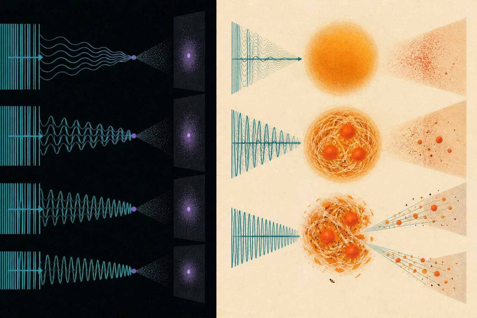 Sharper probes leave the electron as the same violet point, while they reveal a finite proton and eventually make it break into particle jets.