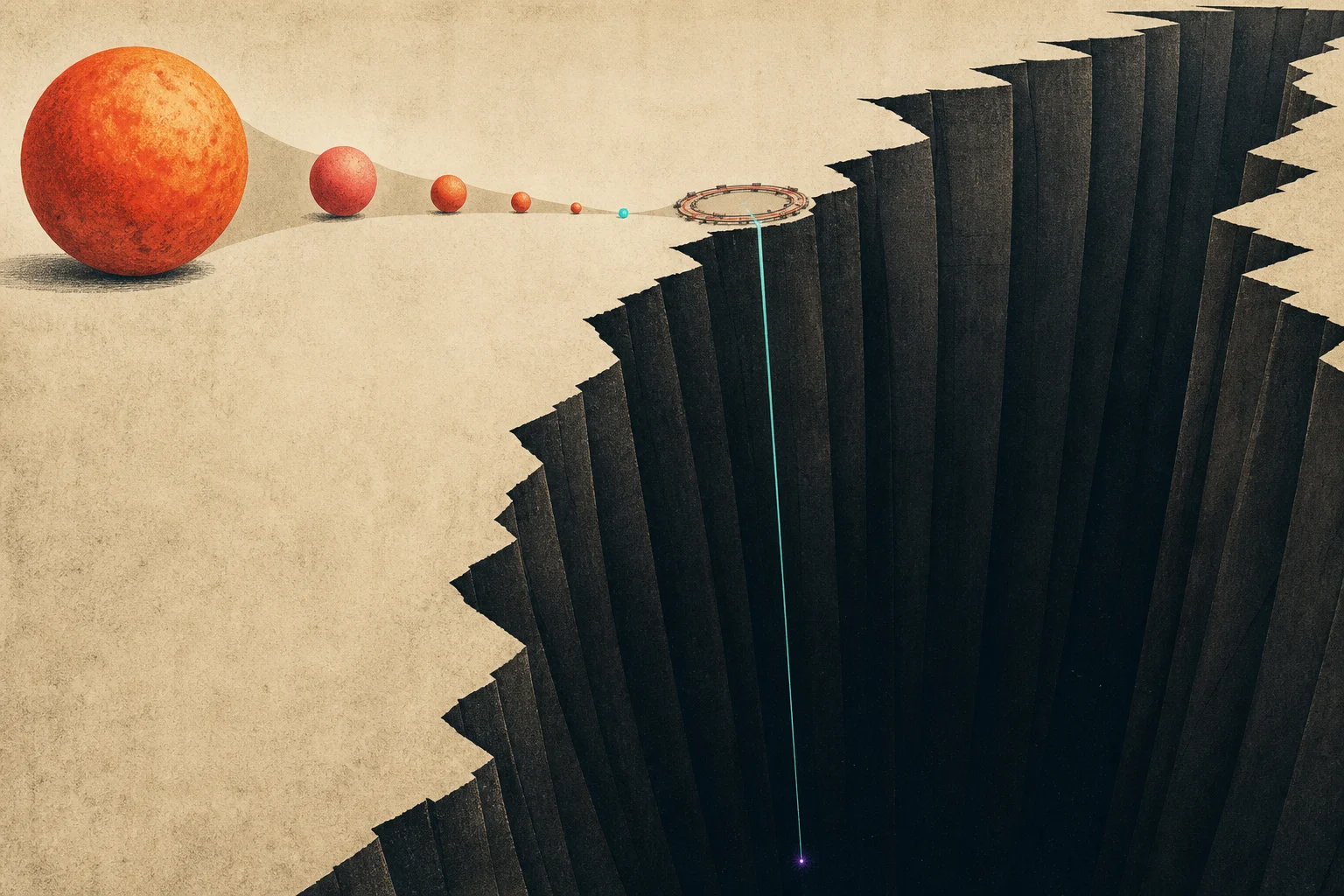 A proton shrinks through five scale steps to the current collider frontier, after which a vast dark canyon descends to a tiny violet point representing the remote Planck scale.
