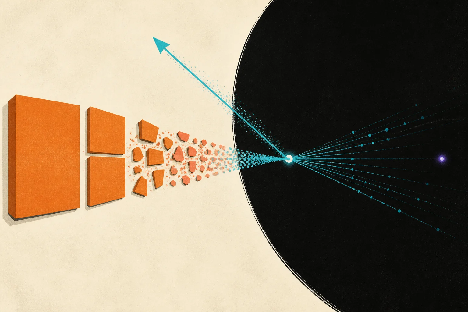 An orange block divides into smaller pieces, becomes a particle beam, and strikes a tiny target; most paths continue and one rebounds into the unknown.