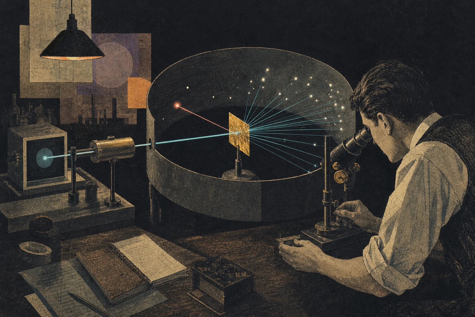 A dark early-twentieth-century laboratory where a researcher watches flashes through a microscope as alpha particles strike thin metal foil.