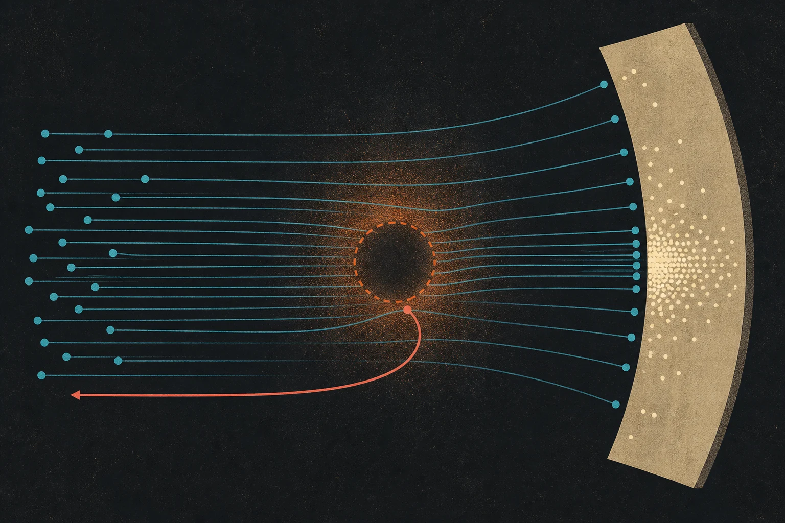 Many cyan projectiles pass an unseen target, some bend, one returns sharply, and a curved detector records where they land.