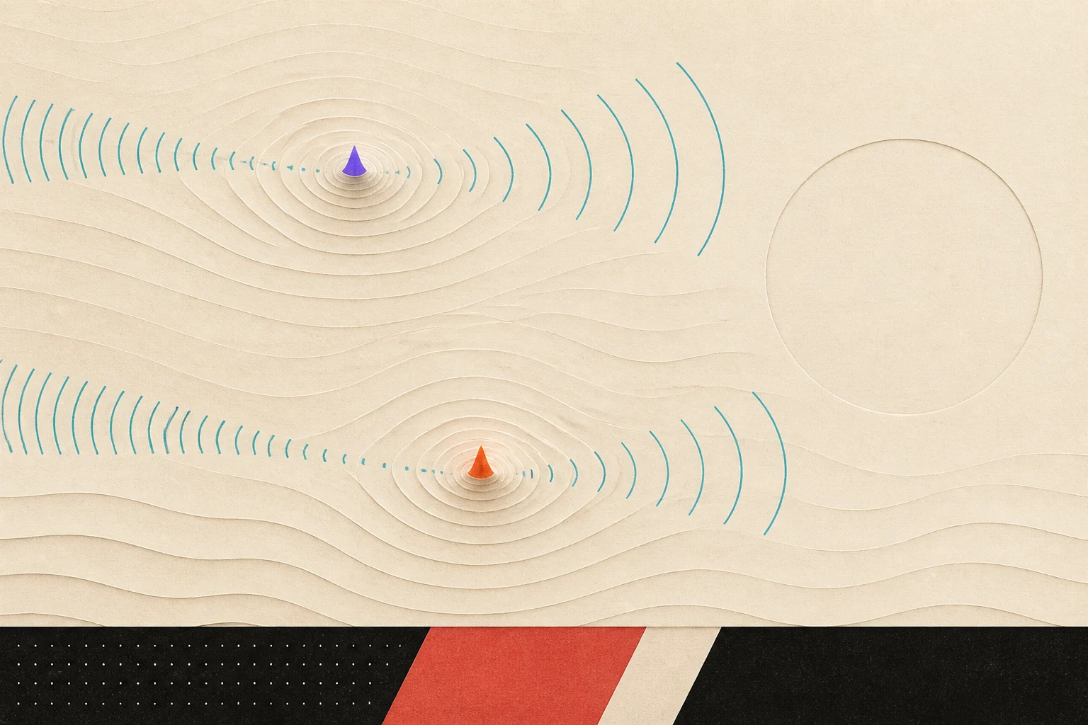 Violet and orange localized disturbances rise from layered fields as clean probe waves cross them; an empty cutaway contains no inner machinery.