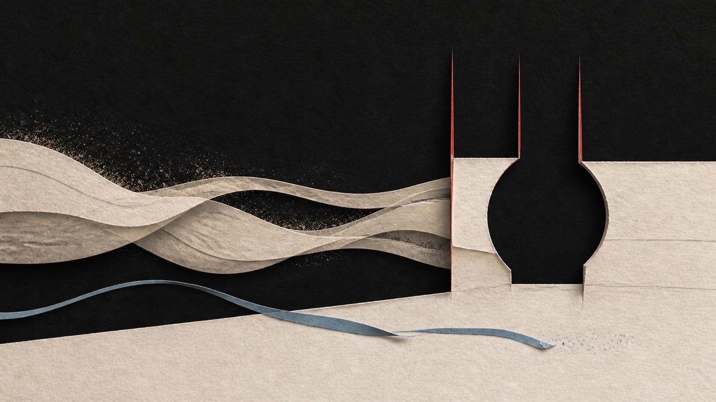 Warm paper ribbons pass through an opened boundary while a slack blue tether dissolves across the foreground.