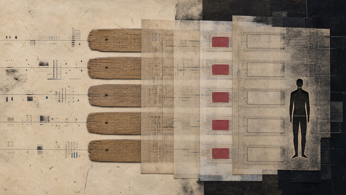Layered palm-leaf and vellum sheets turn sparse event marks into repeated grammatical slots and finally an empty human cutout.